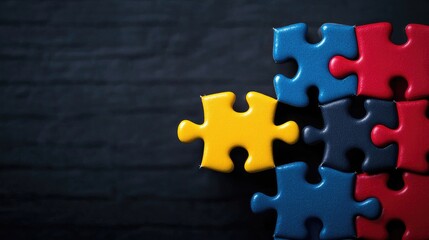 Fototapeta premium Yellow puzzle piece completing a group on dark background