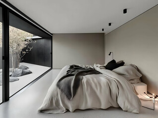 Modern Minimalist Bedroom Interior Design with a View to a Zen Garden Elegantly Showcases Tranquility and Sophistication.