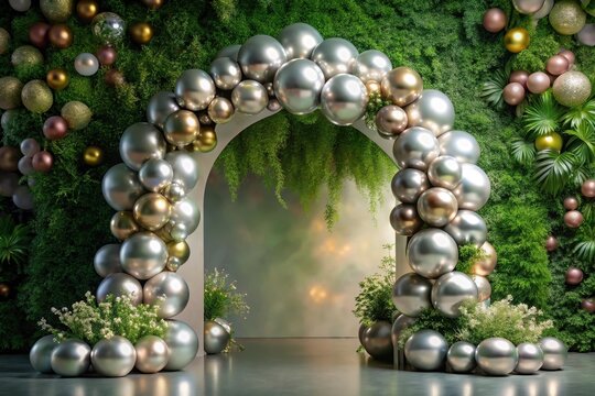 Elegant archway adorned with metallic balloons and lush greenery, creating a sophisticated backdrop for special events
