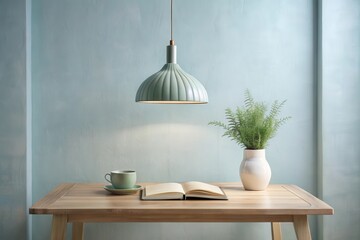 Serene Study Nook A Light Green Pendant Lamp Illuminates a Simple Wooden Table, Featuring an Open Book, a Delicate Teacup, and a Vase of Greenery Against a Soft Teal Wall
