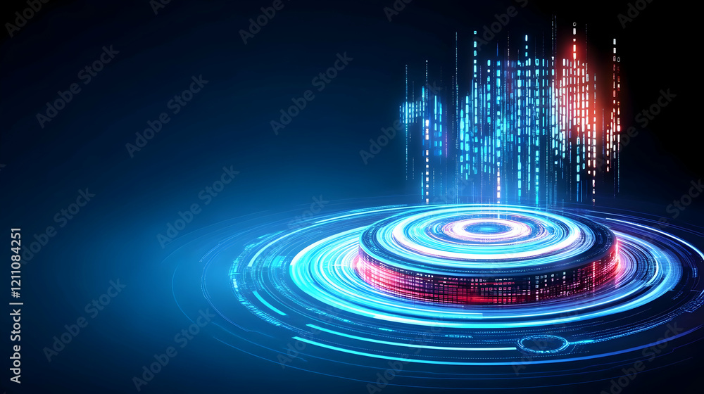Poster futuristic technology background shows a digital data stream flowing into a circular platform seamle