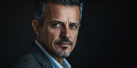 Obraz premium A middle-aged Portuguese businessman with short hair and a goatee, wearing a blazer and looking at the camera, generative AI