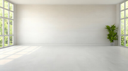 Empty white room interior with white wood wall, wood floor and nature garden view background.