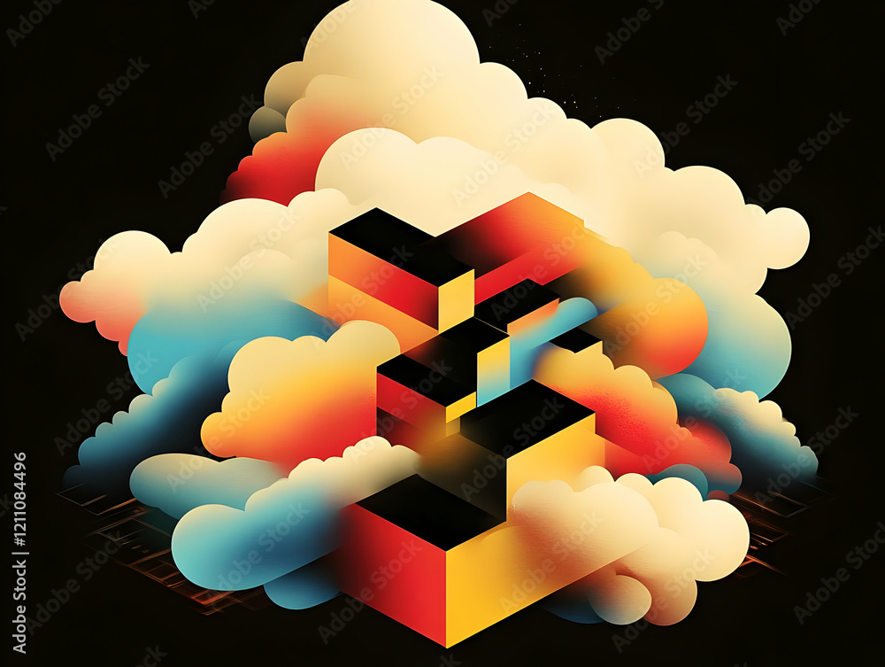 Poster abstract 3d geometric shapes intertwined with colorful clouds on a dark background
