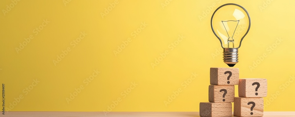 Poster light bulb on blocks with question marks for creative ideas