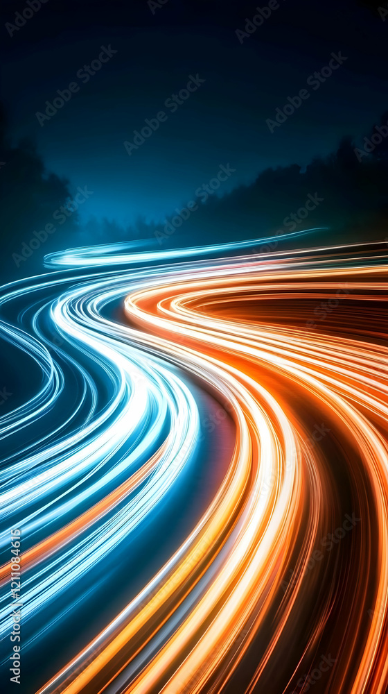 Poster abstract light trails flow dynamically across a dark background with energy and movement