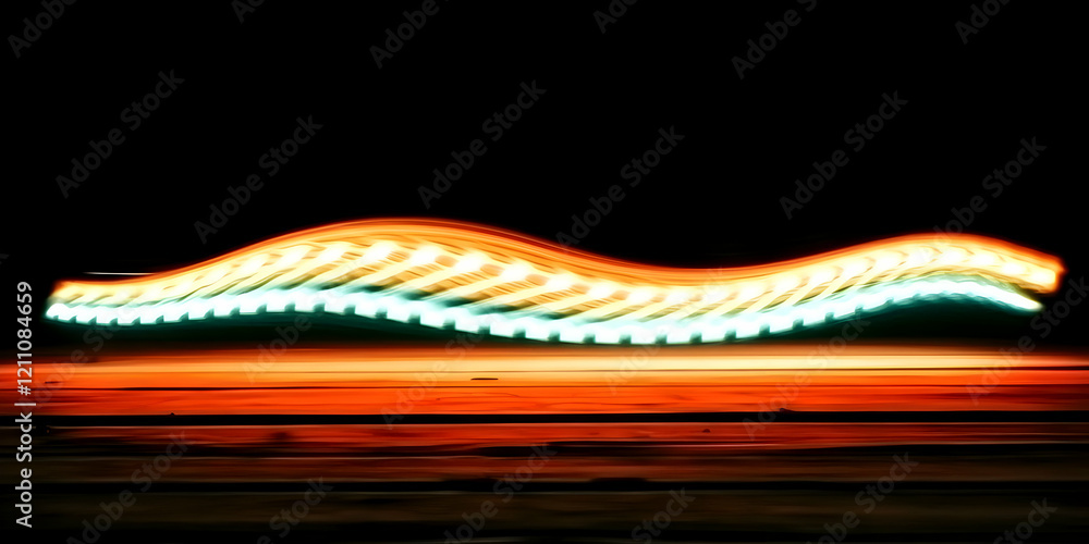 Poster abstract light trails dance across a fiery sunset sky, creating a dynamic and colorful display