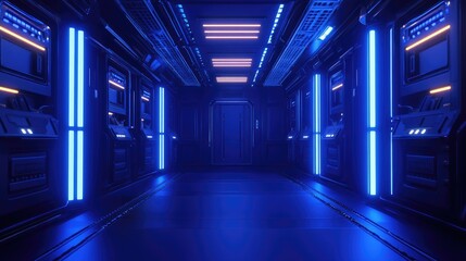 Futuristic Spaceship Corridor Glows Blue
