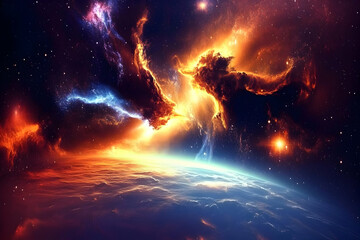 Obraz premium Vivid nebulae embrace a vibrant planet, illustrating cosmic beauty with ethereal hues, showcasing space exploration.