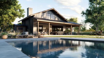 Obraz premium Modern Farmhouse with Pool and Lush Landscaping