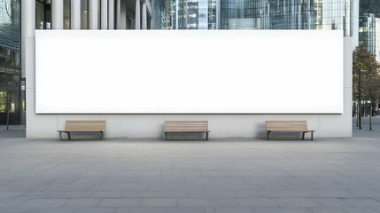 Fototapeta premium Blank Billboard Displays Presents Advertisement in a Modern Cityscape with Benches Below