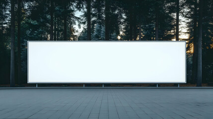 Fototapeta premium Blank Billboard Stands Tall in a Forest Clearing at Sunset, Ready for Your Message
