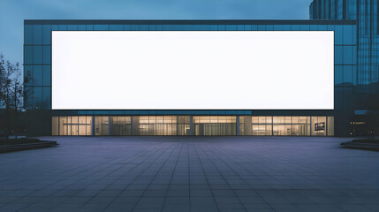 Blank billboard on modern building displays advertising space effectively at dusk.