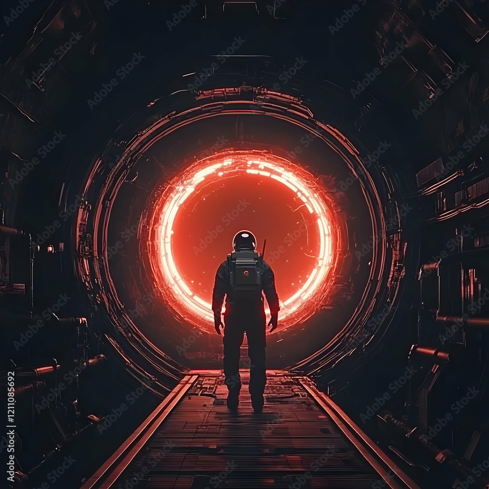 Poster astronaut explores a mysterious spaceship with a glowing red portal inside, a digital illustration.