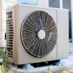 Fototapeta premium Residential Heat Pump Installed Outside Efficiently Cools and Heats the Home during Summer and Winter