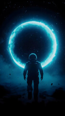Naklejka premium Astronaut Walks Towards a Mysterious Glowing Ring in a Dark, Alien Landscape
