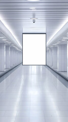 Obraz premium Blank billboard mockup in a white modern hallway with tiled floors and bright lights.