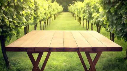 Naklejka premium Empty Wooden Table in a Vineyard Setting Creates a Relaxing Ambiance for Wine Tasting or Dining