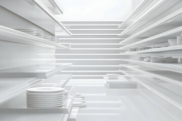 Obraz premium White Plates Displayed on Minimalist Shelves in a Bright Room creates a serene and organized atmosphere