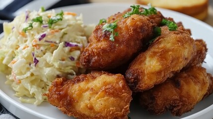 Golden brown fried chicken, crispy and juicy, served with creamy coleslaw and a side of warm, fluffy cornbread, creating the perfect comfort food meal. 