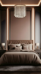 Fototapeta premium Elegant Bedroom Interior Design Showcases a Luxurious Bed, Soft Lighting, and Stylish Decor Elements.