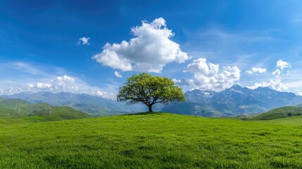 Lone tree on grassy hill, mountain backdrop, sunny day, peaceful landscape, nature photography