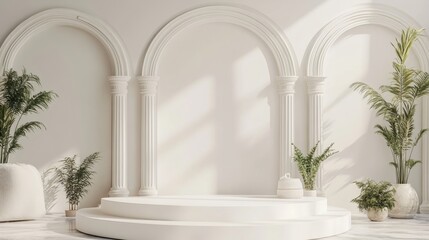 Fototapeta premium Elegant white arches frame a minimalist stage. Ideal for product displays or showcasing beauty items.