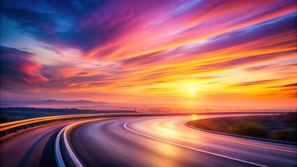 Asphalt ribbon curving towards a vibrant sunset over a tranquil landscape, showcasing a picturesque journey and the beauty of nature's fiery spectacle.