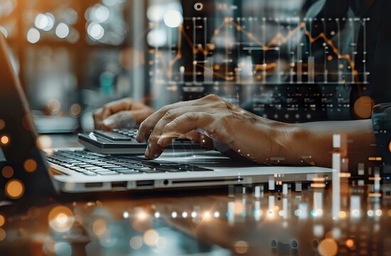 Business analyst working on laptop with financial charts and stock market data overlay, perfect for finance, trading and investment concepts. Modern bokeh background.