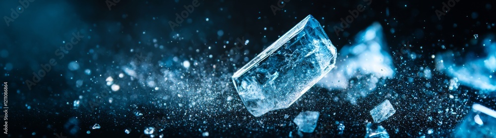 Poster sparkling blue crystal among shining particles creates a mesmerizing display of light and color in a