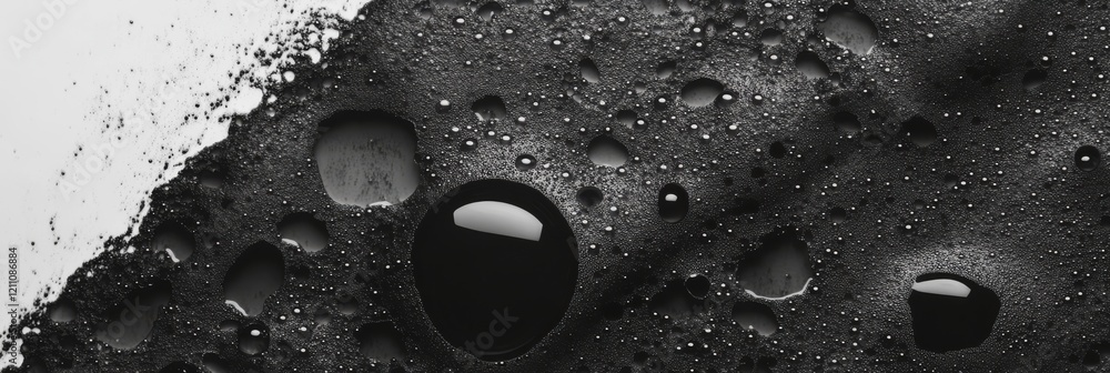 Poster surface with dark liquid creating a smooth, glossy texture and reflecting light in an abstract displ