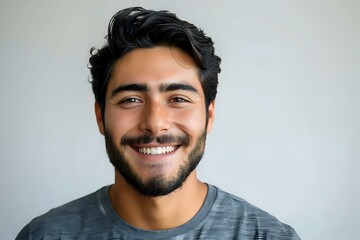 Fototapeta premium Portrait of a young Middle Eastern man with beard wearing grey t-shirt, showing genuine bright smile against light background, perfect for wellness, dental care or lifestyle design.