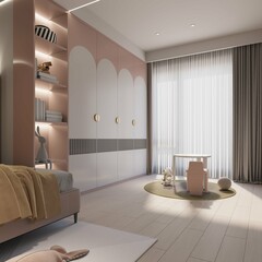 modern contemporary kids bedroom in pastel color with decorations and wardrobe. 3d illustration
