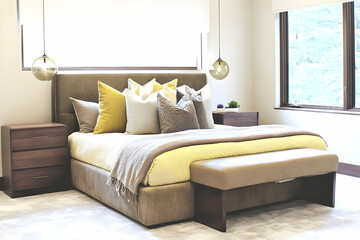 Modern Bedroom Interior Design Showcases a Comfortable Bed with Yellow Accents and Stylish Pendant Lights.