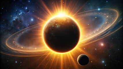 Obraz premium A Radiant Celestial Body Illuminated by a Glowing Ring of Cosmic Dust and Stars in the Vast Expanse of Space
