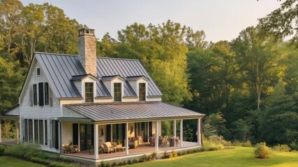 Charming countryside home with wraparound porch surrounded by lush greenery