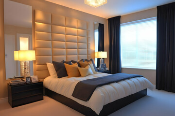 Obraz premium Modern Bedroom Interior Shows a Comfortable Bed with Pillows and Soft Lighting Creates a Relaxing Ambiance Perfectly.