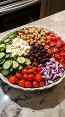 Fresh Mediterranean salad with crisp cucumber, juicy cherry tomatoes, briny olives, creamy feta cheese, and vibrant red onions, drizzled with rich olive oil and tangy balsamic vinegar