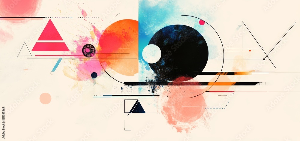 Poster abstract composition featuring geometric shapes in soft colors on a light background
