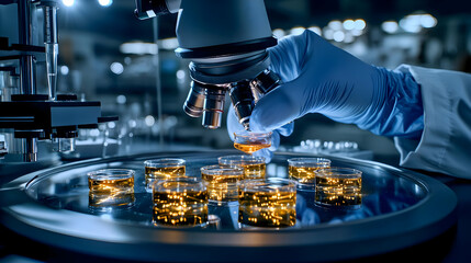 Scientist Analyzes Liquid Samples Under Microscope in Advanced Laboratory Setting with Precision