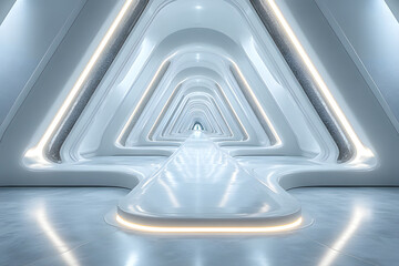 A futuristic 3D tunnel design with swirling blue light patterns and curved shapes, creating a sense of motion and space, perfect for a technology-themed wallpaper or background illustration