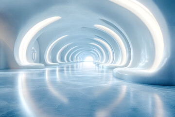 Fototapeta premium A futuristic 3D tunnel design with swirling blue light patterns and curved shapes, creating a sense of motion and space, perfect for a technology-themed wallpaper or background illustration