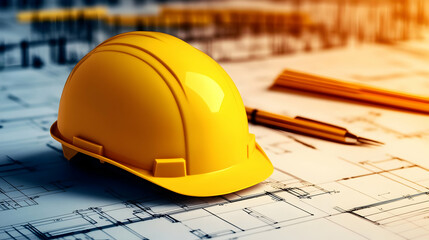 Yellow Hard Hat Sits on Architectural Blueprints with Pen and Ruler, Symbolizing Construction Planning