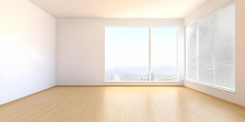 Obraz premium Empty Room with Wooden Floor, White Walls, and City View through Window with Blinds Nicely.