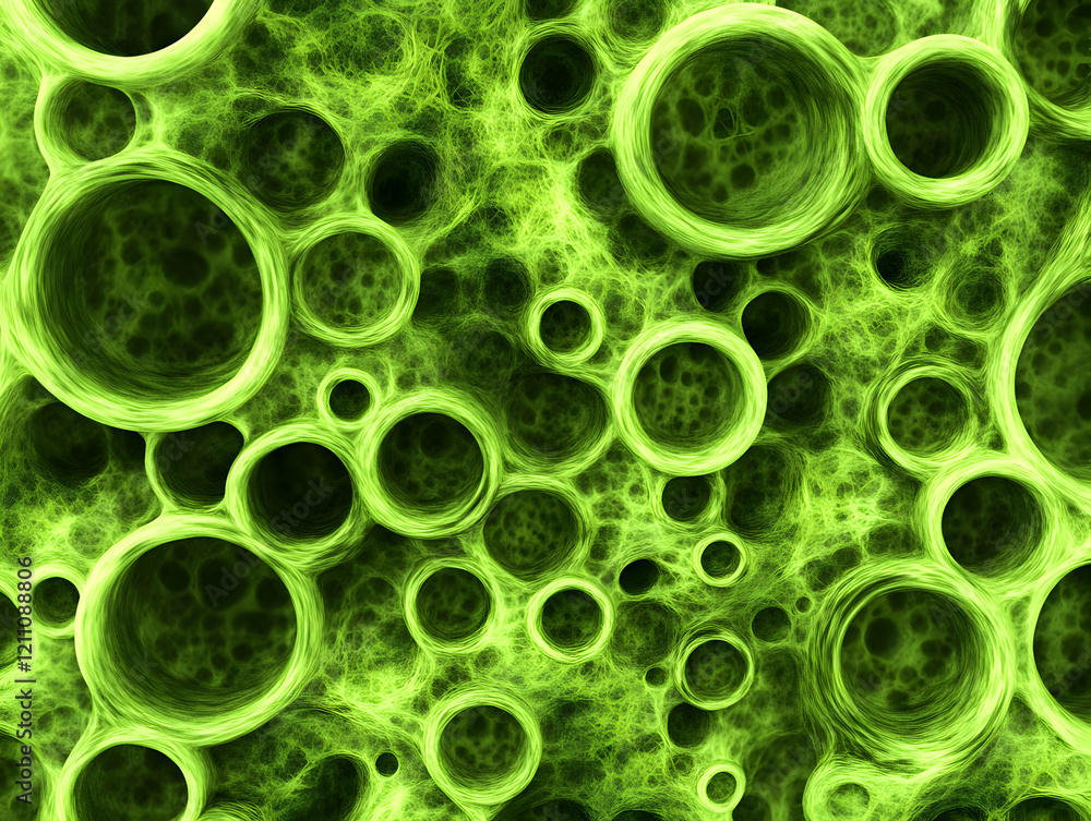 Fototapete abstract 3d green organic structure with circular openings and fibrous texture background