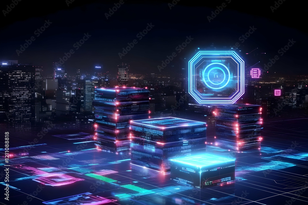 Aufkleber futuristic cityscape with glowing data blocks and hud display at night, seamlessly integrated with t