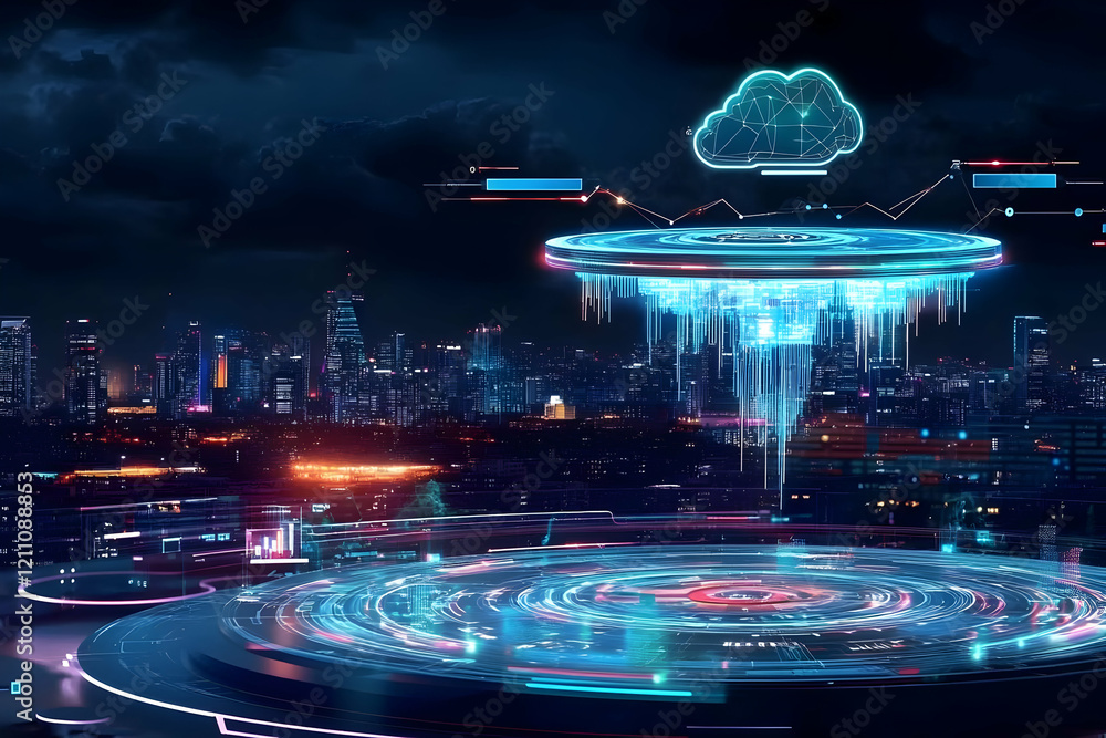 Poster Futuristic Cityscape with Cloud Computing and Data Streams Displayed Dynamically at Night