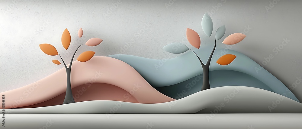 Aufkleber abstract landscape featuring soft waves and stylized trees with pastel colors, creating a serene and