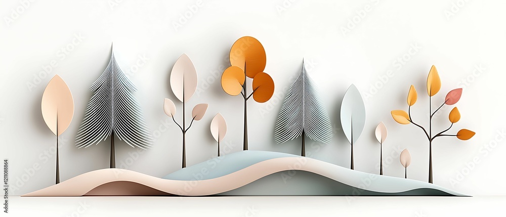 Aufkleber stylized paper trees in various colors create a whimsical forest scene against a soft background, sh