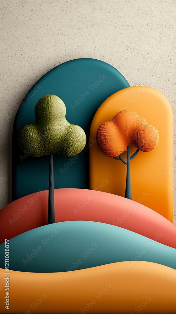 Aufkleber abstract landscape featuring colorful hills and stylized trees in a minimalist design. trees various